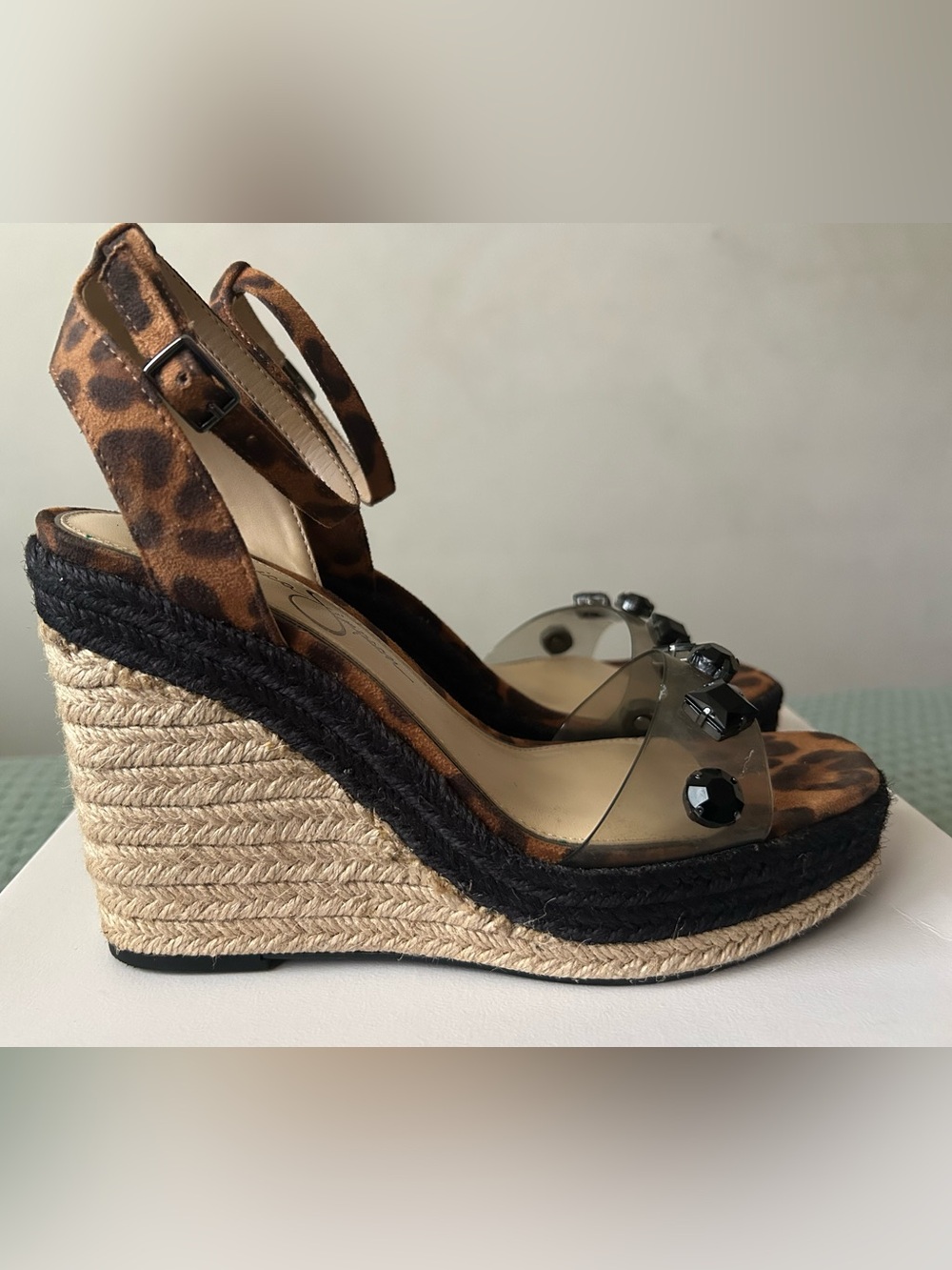 Jessica Simpson Leopard Print Espadrille Wedge Sandals with Clear Gem Strap